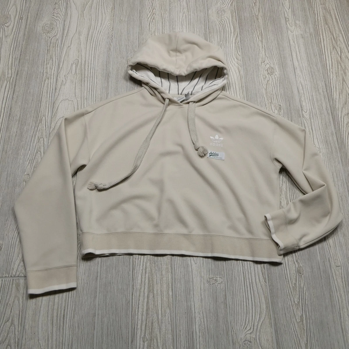 Adidas Hoodie Womens Medium Cream Cropped Hooded Sweatshirt Embroidered Logo