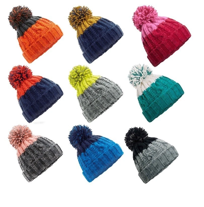 BEECHFIELD Deux Ton Chaud Toucher Doux Acrylique Pompom Bonnet Ski Chapeau Thermal Bandeau