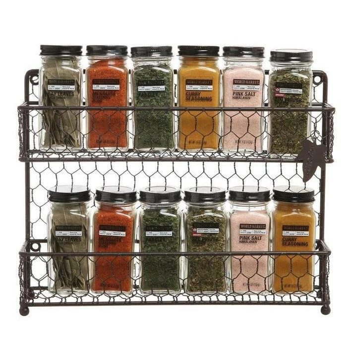 Rustic Brown Dual Tier Wire Kitchen Countertop Spice Rack Jars