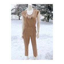 70s Patapouf Creations Jumpsuit Tan Cap Sleeve Fringe Feathers Sz 7
