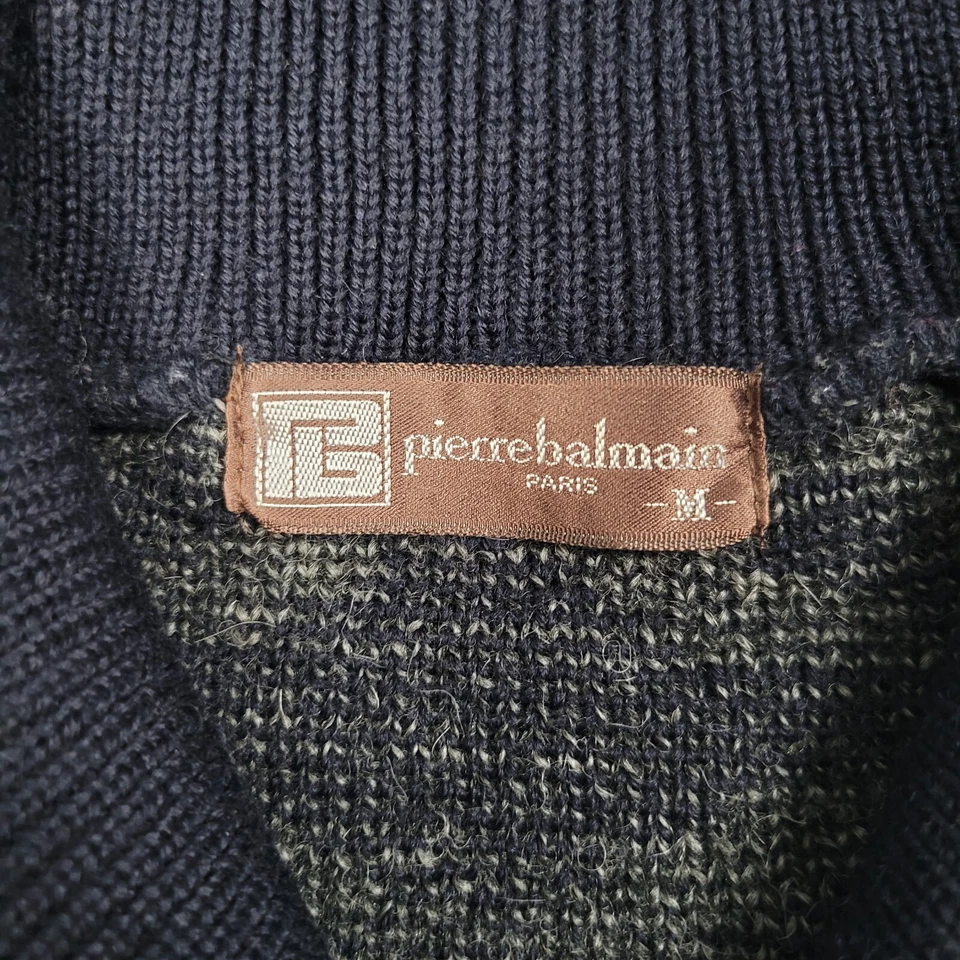 Pierre Balmain Sweater Mens Medium Blue Geometric Wool Alpaca Shawl Elbow Patch - Image 3 of 4