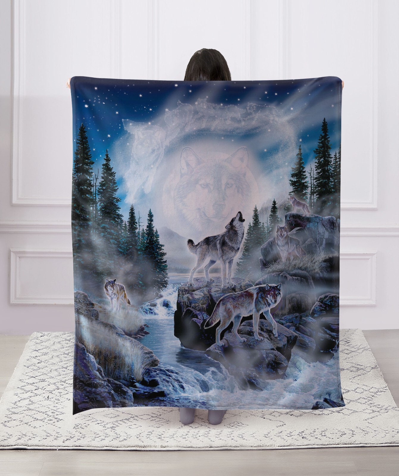 Regal Comfort - Moon Wolf - Faux Fur Printed Throw Blanket 50"x60"