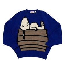 Snoopy m7H Vintage Blue Knit Sweater Cartoon Character DoubleSided Used