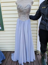 Glamour Terani Couture Light Blue Strapless Flowy Formal Gown Size 2 Rhinestones