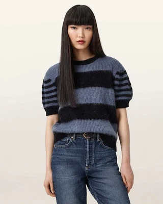 ALL SAINTS Clem Striped Knited Short Sleeve Sweater Black/Blue Size L Org $239 - Image 1 of 4
