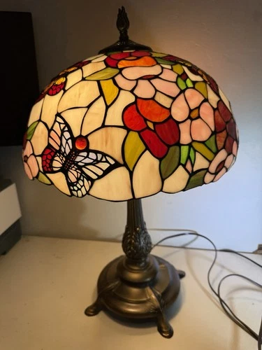 Vintage Large Tiffany Style Lamp Floral Butterflies 24” Tall Double Bulbs