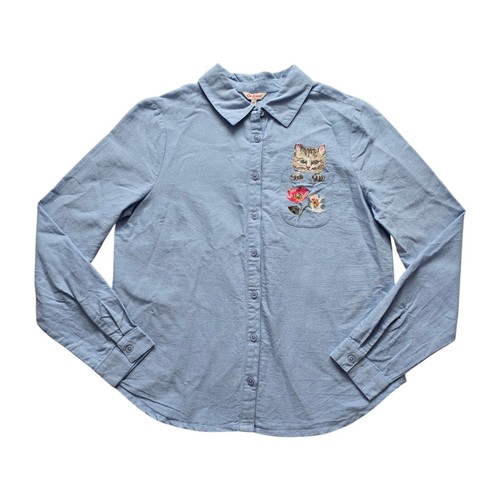 Camisa Cath Kidston Manga Larga Gato Bordado Reino Unido 10 Azul PTP 19" - Imagen 1 de 10