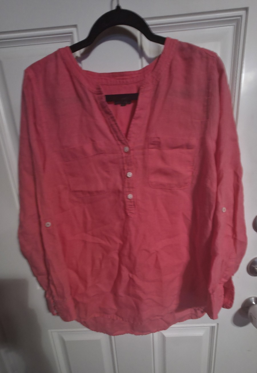 Talbots Coral Linen Henley Button Long Sleeve Blouse Women's Size M