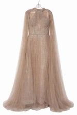 Champagne Beaded Cape Sleeve Maxi Dress - Formal Evening Gown Size 14