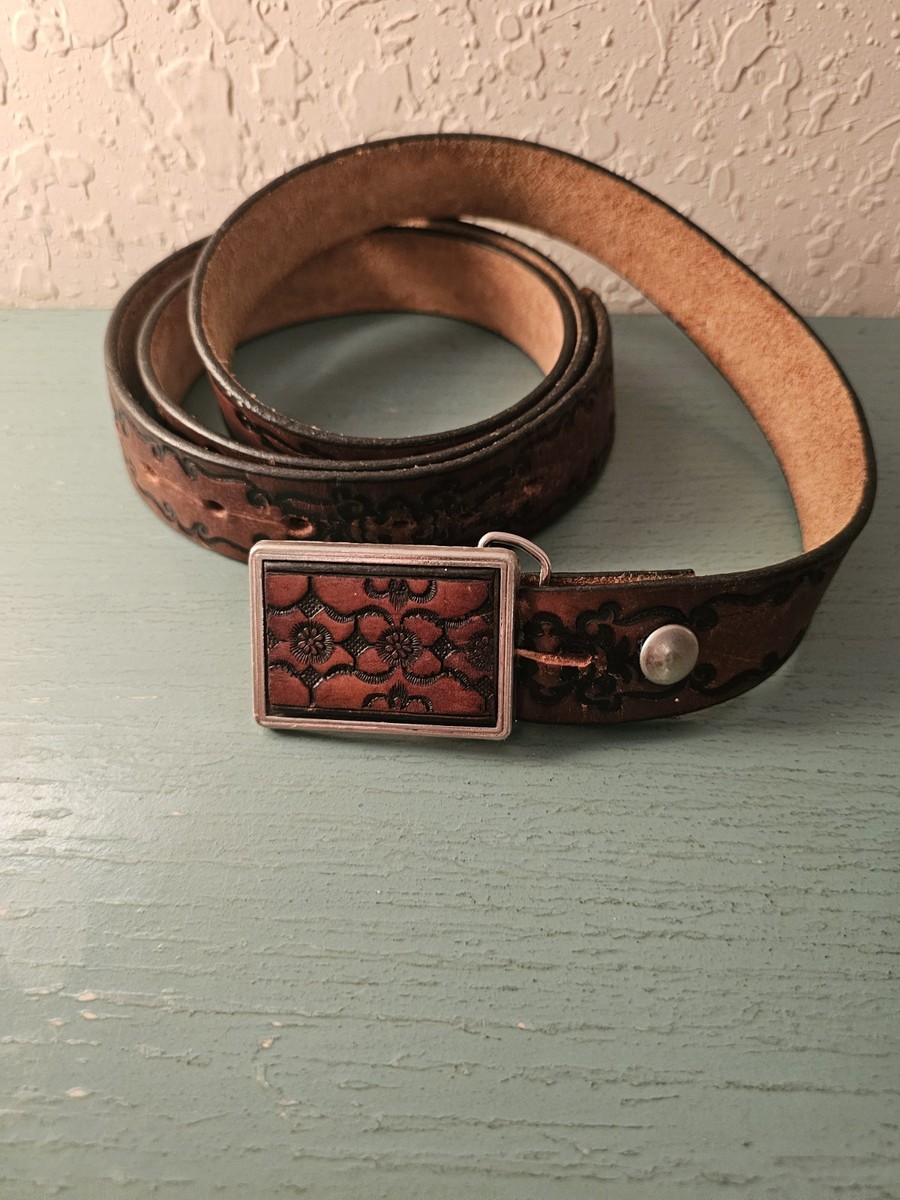 Vintage Tooled Leather Belt W/Inlaid Leather Buckle-Very  display picture 1