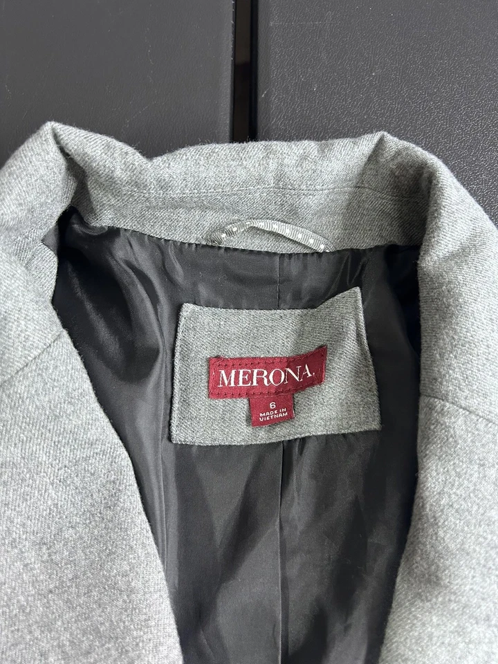 Blazer Merona para mujer 6 gris con solapa de muesca en contraste forrado con un botón carrera Foto 4 de 4