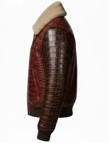 Men,s Real Crocodile Embossed Leather Jacket Shearling Collar Bomber Coat Brown. image 6