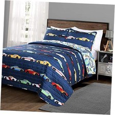 Race Car Kids' 3-Piece Bed Set, Reversible Bedding Set Full/Queen Navy Quilt