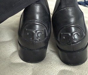 Tory Burch Black Leather Tall Riding Boots with Embossed Logo