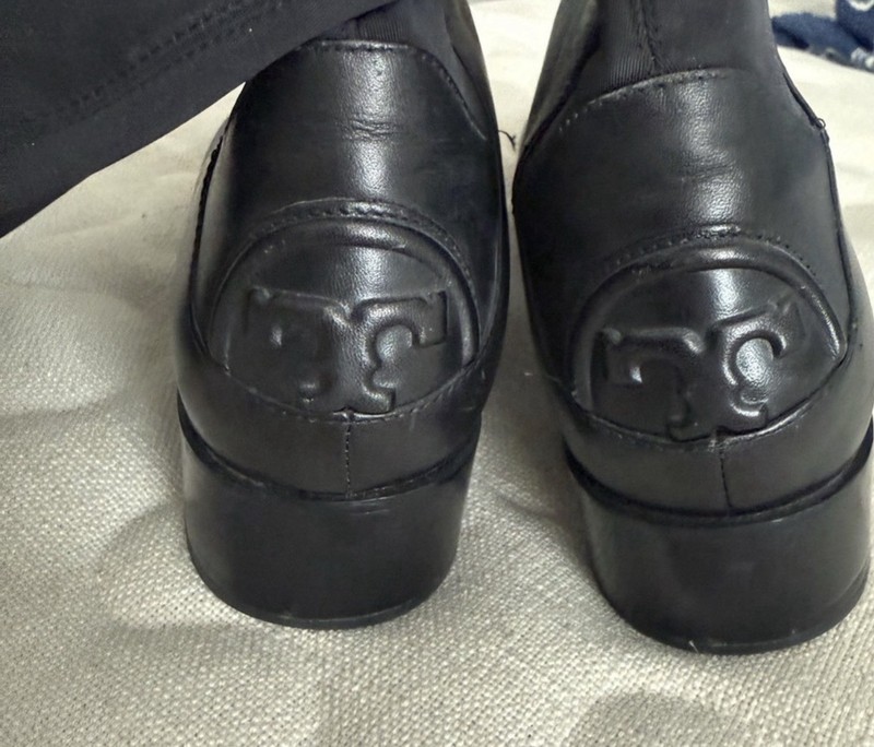 Tory Burch Black Leather Tall Riding Boots with Embossed Logo