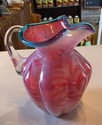 VINTAGE FENTON ART GLASS CRANBERRY OPALESCENT FERN PATTERN W TEAL RING CREST 676
