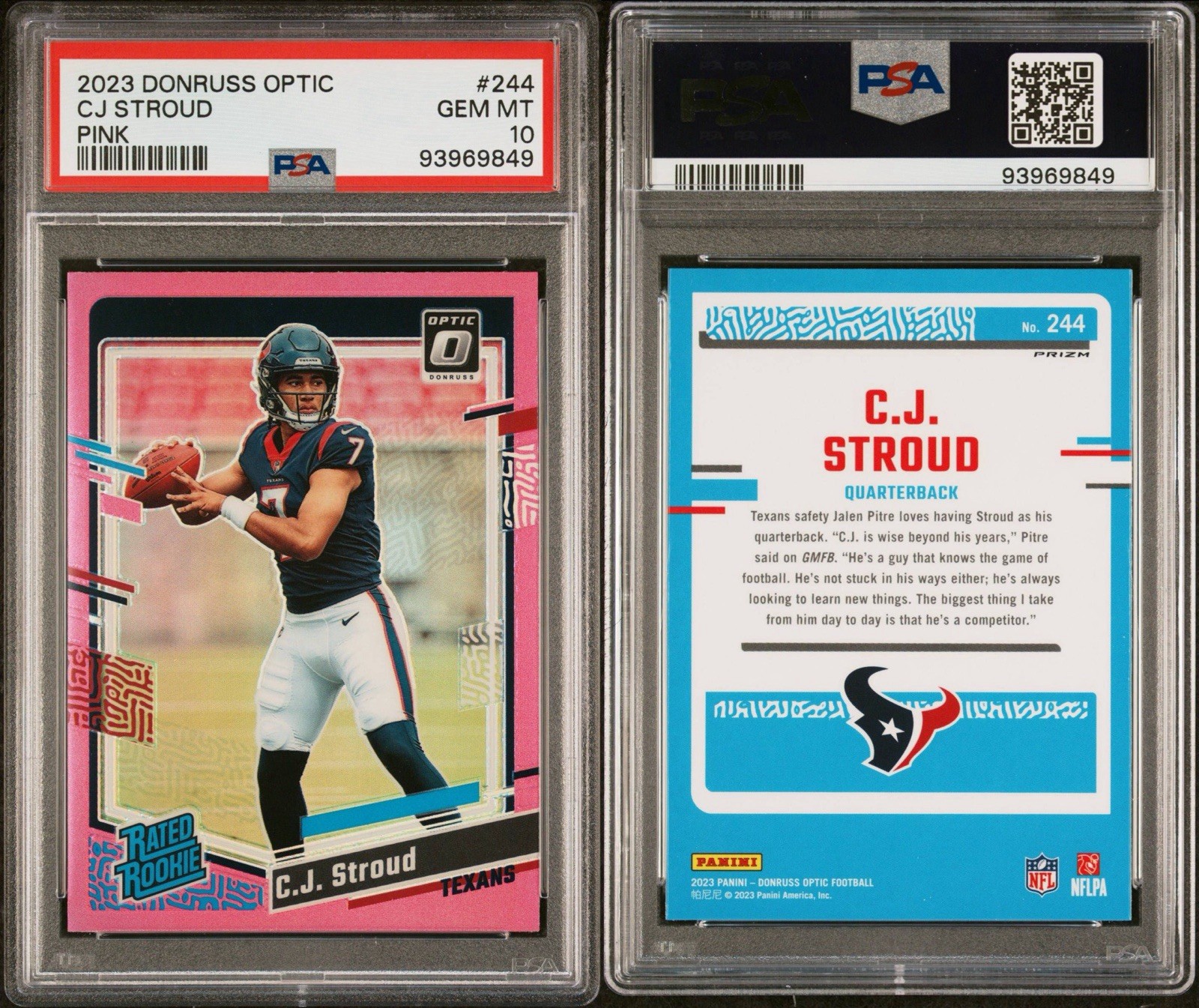 2023 Panini Donruss Optic - Rated Rookie C.J. Stroud #244 Pink Prizm (RC) PSA 10 view 3