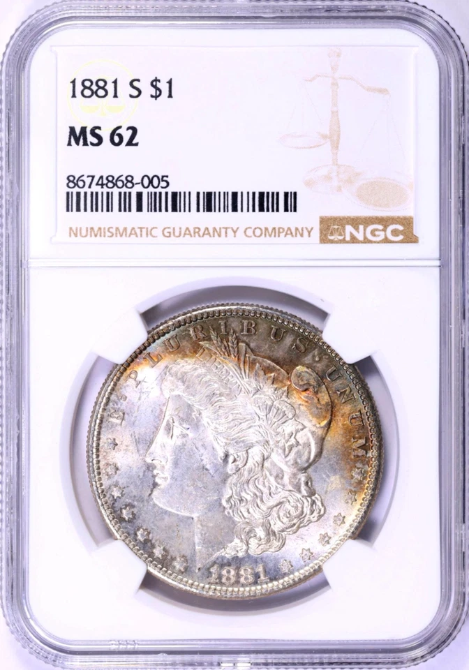 Dólar Morgan 1881-S NGC MS 62 Escarchado 2 Caras Arco Iris Tonificado Media Luna Foto 3 de 4