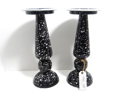 Fiddle & Fern Enamel Black White Candle Holders Pillar Set of 2 Made India 11.5''