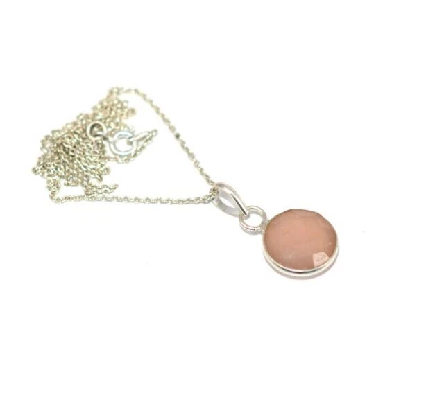 Bello Sfaccettato Rosa Quarzo Rosa Rotondo Gemma 925 Argento Sterling Collana - Immagine 4 di 4