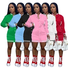 Women's Casual Sports Baseball Varsity Jacket Dress Long Sleeve Short Mini Dress