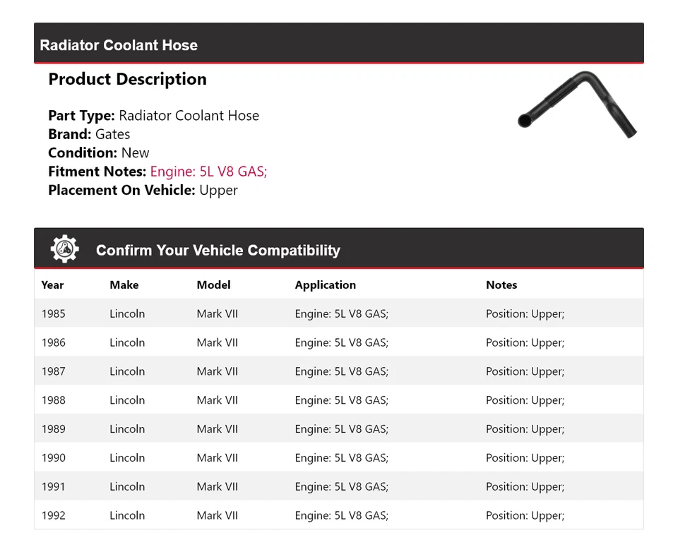 For 1985-1992 Lincoln Mark VII 5L V8 GAS Radiator Coolant Hose Upper Gates 1986 - Image 2 of 4