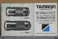 Tamron Adaptall-2, 03A,04A Macro Focusing Zoom Lens Owners Manual