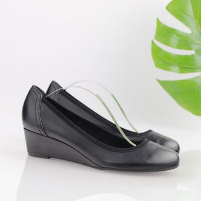Tamaris Womens Quiver Pump Size 38 7 Black Leather Low Wedge Comfy Dress Shoe