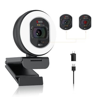Angetube 4K Webcam with Light for PC: UHD 4K, TOF Auto Focus, Dual AI Noise-C...