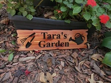 Custom Garden Sign Carved Wood Personalized Name Gardening Rustic Hanging Gift