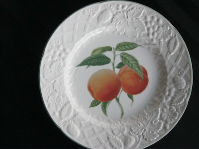 C-284 Two Mikasa White Salad Dessert Plates with Fruit Motif One Pear One Peach