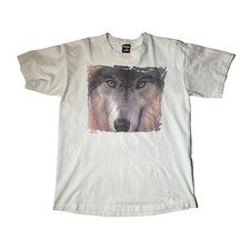 Vintage 90s Habitat Wolf White T-Shirt Size L Wolves Nature Animals Wildlife
