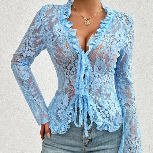 Sexy Damenbluse mit Blumenspitze zum Binden vorne durchsichtig V-Ausschnitt Cardigan Rüschenbluse - Bild 23 von 28