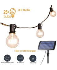 25ft Solar or USB Charging LED Outdoor string G40 clear glass bulb lights