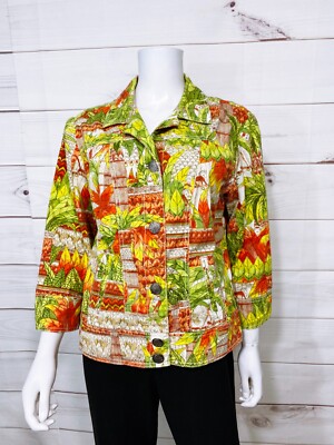Chico's Womens Jacket Size 2 Multicolor Jungle Button Up 3/4 Sleeve
