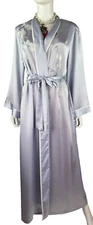 Natori 8 US 44 IT M Pale Blue Gray Satin Wrap Tie Embroidered Robe Runway Auth