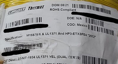 Carlisle/Thermax #22awg UL-1371 SPC PTFE M16878/6-22-4 Type ET Wire Yellow/100ft