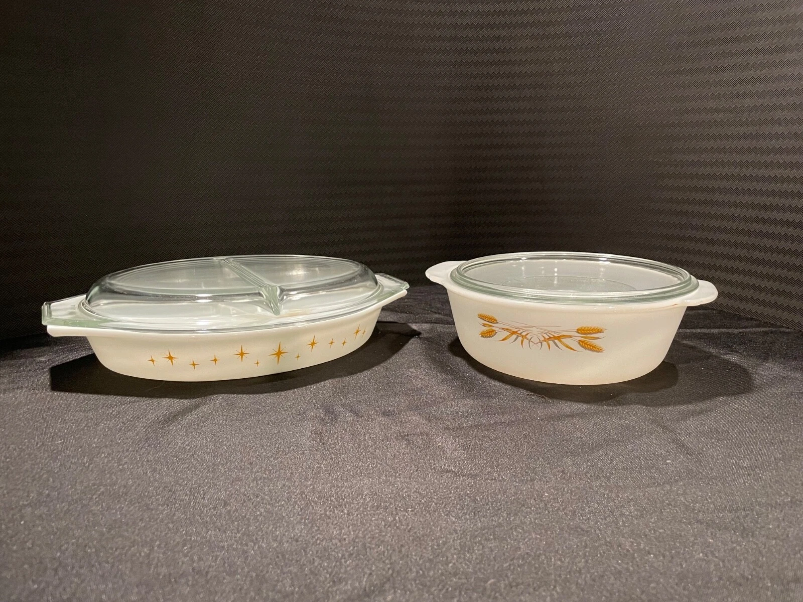 Set of (2) Vintage Pyrex Split Constellation Dish & Fire King Golden Wheat Dish