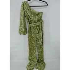 Boohoo Velvet Sequin Asymmetrical Jumpsuit Women's Green Flared Leg Puff Sleeve