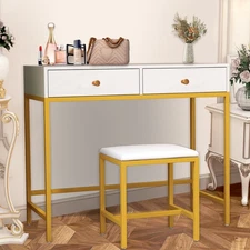 Makeup Dressing Console Table Modern Vanity Desk w/ 2 Drawers &Stool for Bedroom