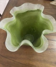 Vintage MURANO Green & White HANDBLOWN Italy CASED Art GLASS Vase MCM 60s