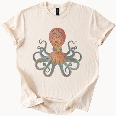 Ornate Octopus Graphic Tee Orange Teal Decorative Squid Art Shirt