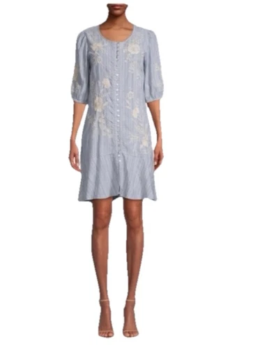 JOHNNY WAS 3J Workshop Osiris Puff SLV Button Bown Boho Chic Dress (Slip) XS NEW - Picture 1 of 15