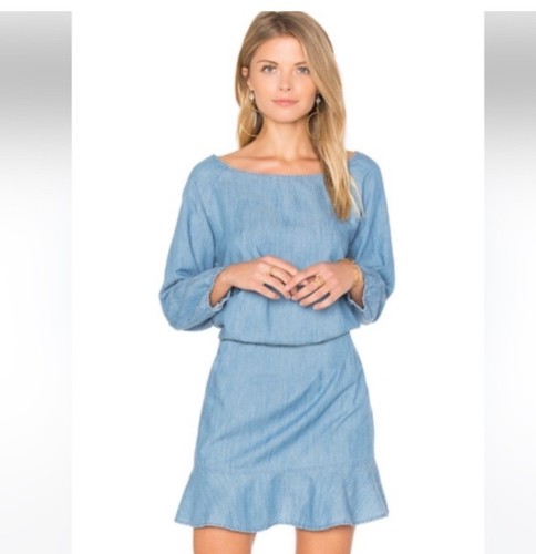 Soft Joie Chambray Dress Vintage Flounce Sz M Flouncy Hem Blouson Blue 3/4