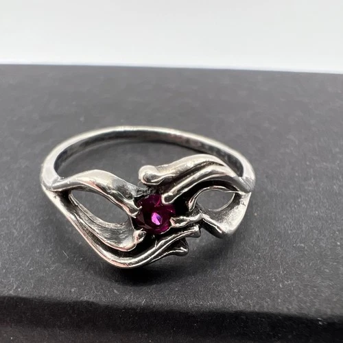 Vintage 925 Sterling Silver & Ruby Modernist Stone Ring Size 6.75 Freeform