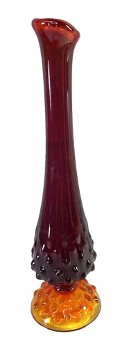 Vintage Fenton Amberina Red & Yellow Hobnail Swung Bud Vase 9.25" Glows