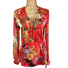 BASLER Women's Red Floral Silk Wrap Ruffled V-Neck Blouse Sz 8