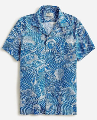 NEW J Crew Aquatic Sea Shell Print S/S Camp Collar Shirt Blue Size Small