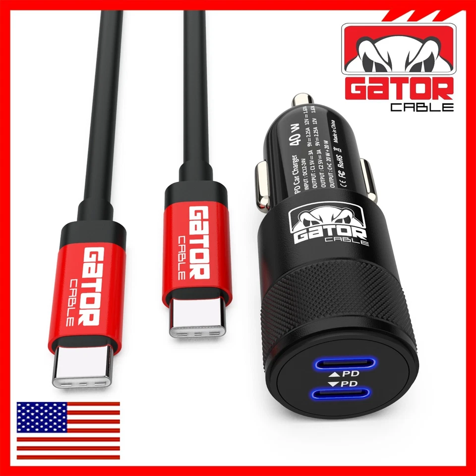 USB C To USB C Cable PD 40W Dual Type C Car Charger Adapter For Samsung iPhone - Image 4 of 4