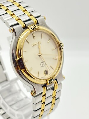 Exc+5] GUCCI 9000M Watch GOLD Silver DATE Quartz Men's Used